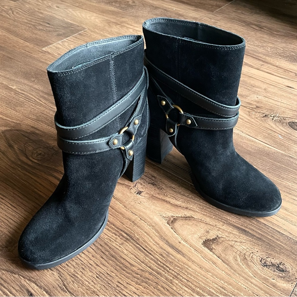 UGG Black Suede High Heel Booties, Size 7.5